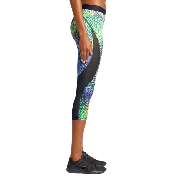 Nike Pro Hypercool Multicolor Print, Black Sheer Mesh Insets Cropped Leggings,M - Picture 2 of 16